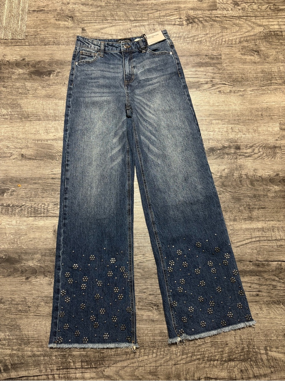 BCBGeneration Dark Blue Wide-Leg Jeans with Studded Bottom and Fringe Hem